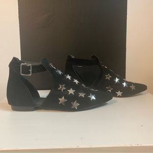 EB by Miista Romeo Black Suede Ankle Shoes Flats Silver Stars Ankle Strap